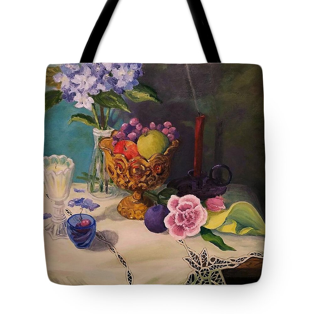 Oil Paintings Tote Bag featuring the painting Still Life on Lace by Sharon Casavant