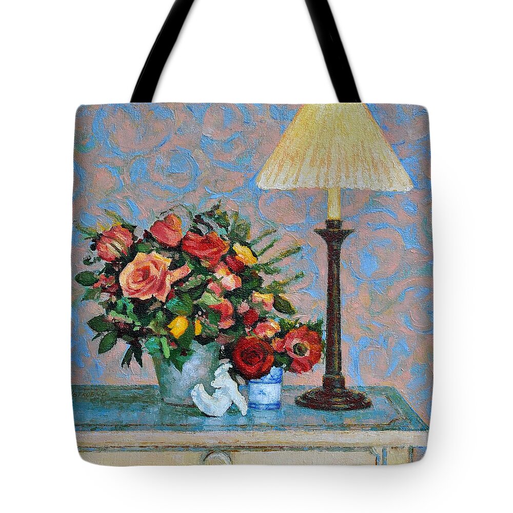 Flowers Tote Bag featuring the painting Still life with a Lamp by Iliyan Bozhanov