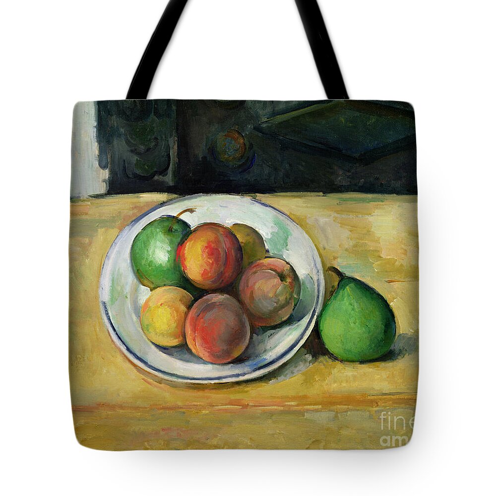 Still Tote Bag featuring the painting Still Life with a Peach and Two Green Pears by Paul Cezanne