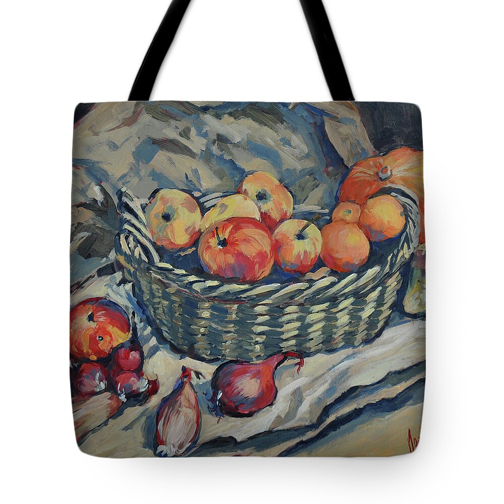 Onions Tote Bag featuring the painting Still life with fruit and vegetables by Nop Briex