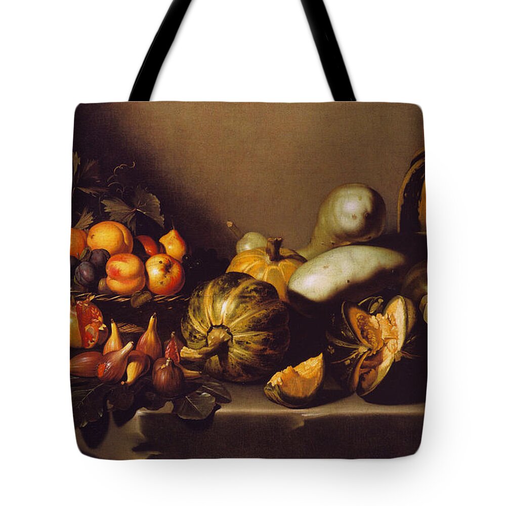 Still Life With Fruit On A Stone Ledge (c. 1601-05). Caravaggio Tote Bag featuring the painting Still Life with Fruit on a Stone Ledge by MotionAge Designs