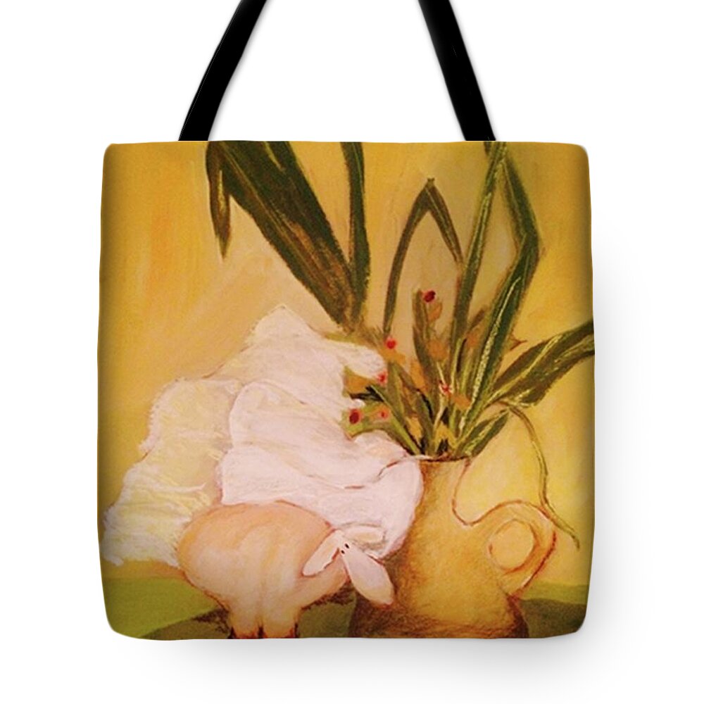 Pastel Tote Bag featuring the pastel Still life with funny sheep by Manuela Constantin