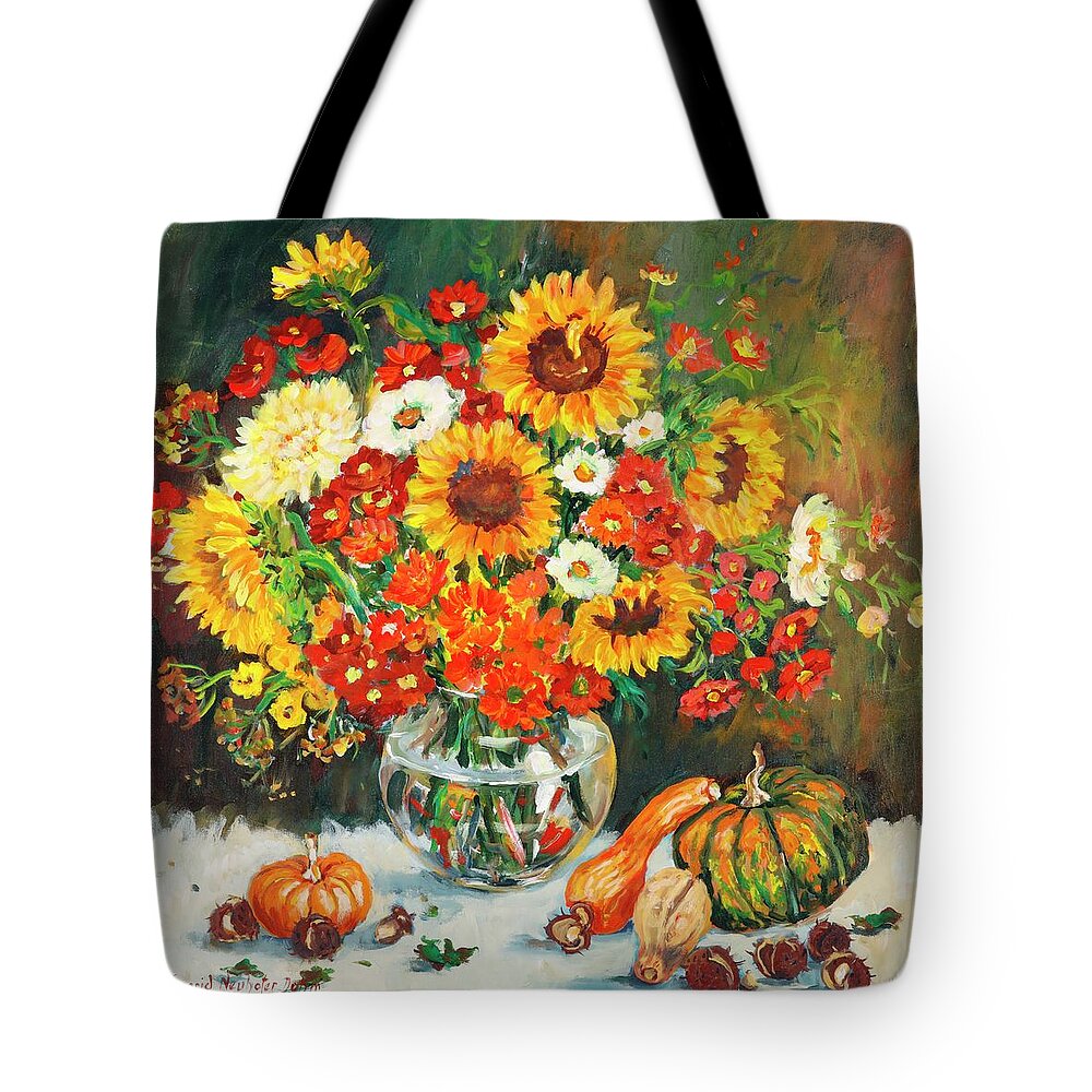 Flowers Tote Bag featuring the painting Still Life with Gourds by Ingrid Dohm