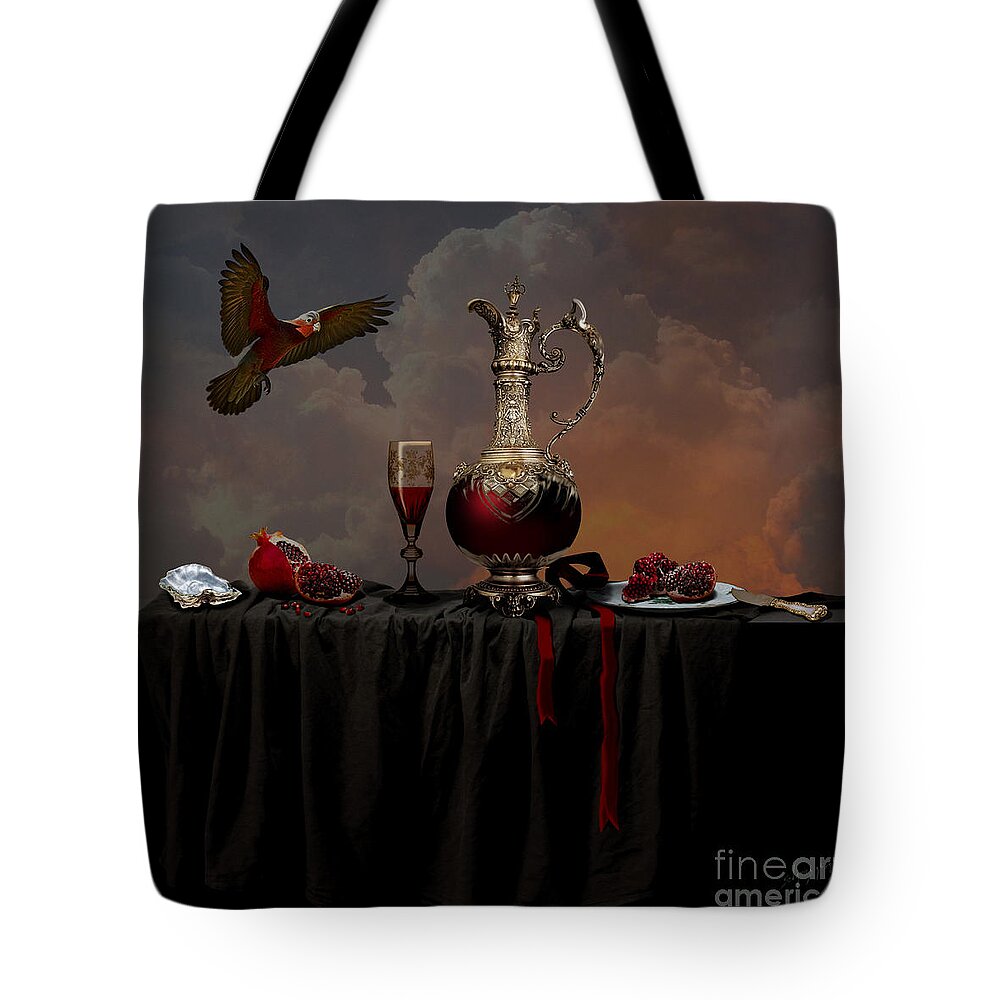 Red Tote Bag featuring the photograph Still life with pomegranate by Alexa Szlavics