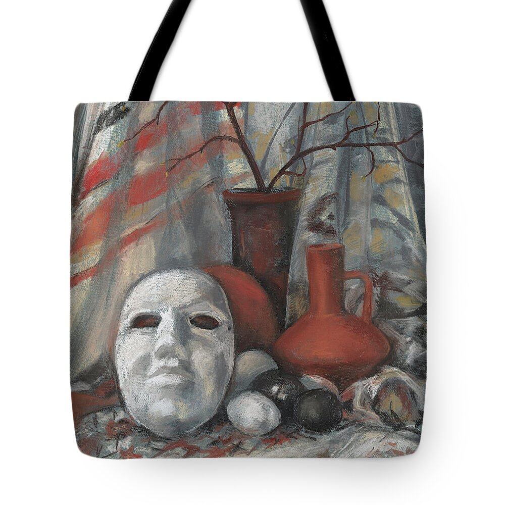 Soff Pastels Tote Bag featuring the pastel Still life with the mask by Julia Khoroshikh
