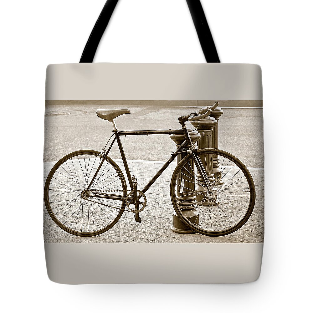Bicycle Tote Bag featuring the photograph Still Life With Trek Bike In Sepia by Ben and Raisa Gertsberg
