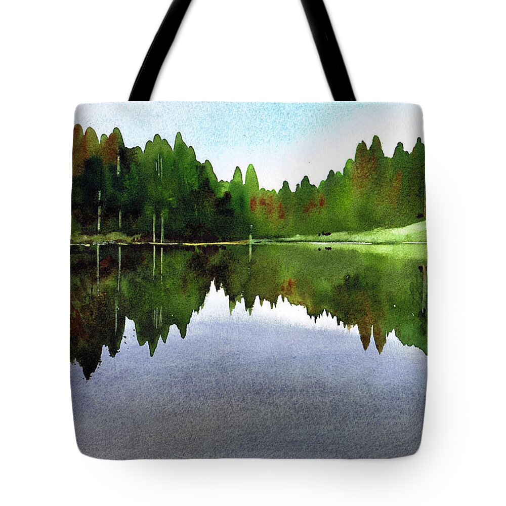 Watercolour Lanndscape Tote Bag featuring the painting Still Water Tarn Hows by Paul Dene Marlor