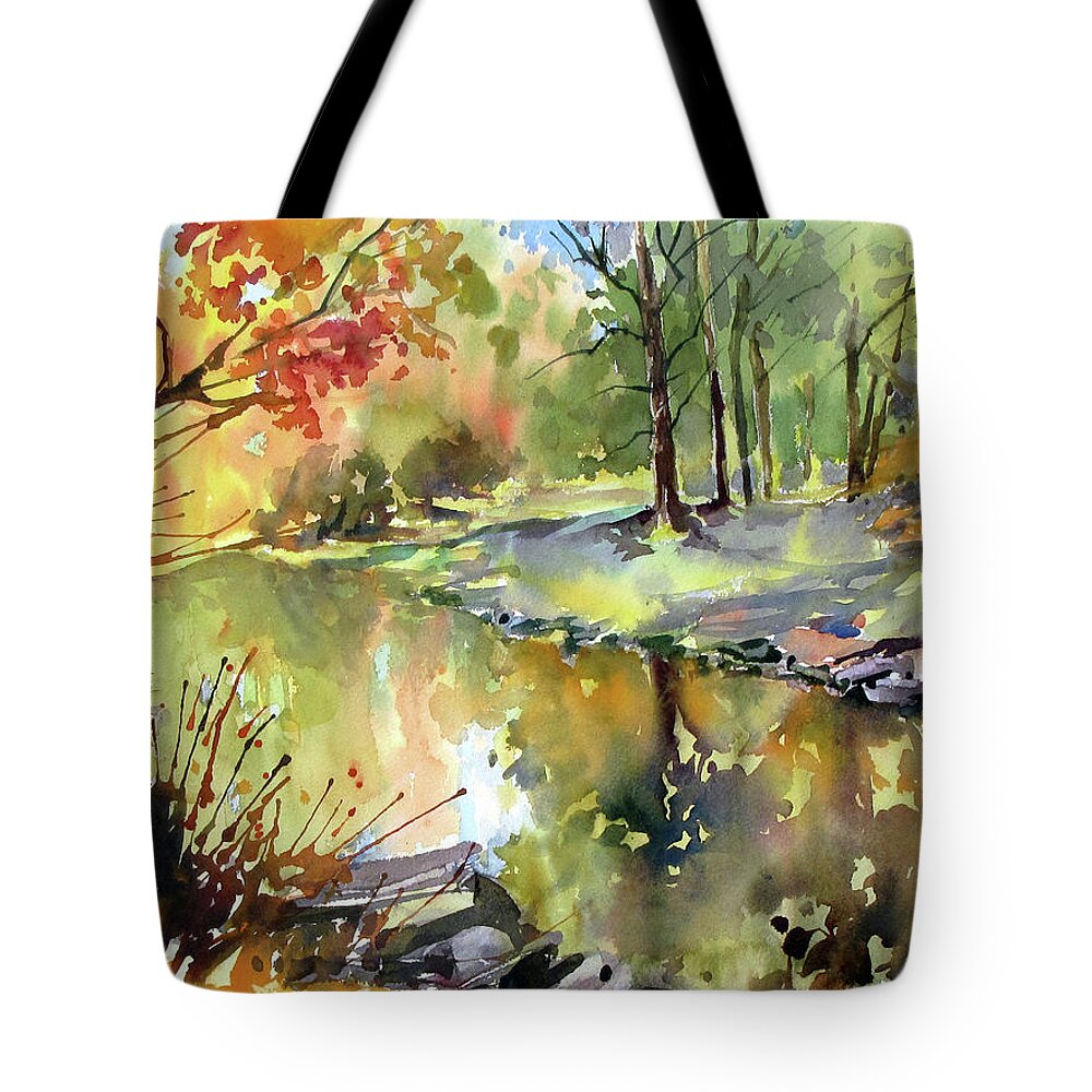 Landscape. Watercolor Tote Bag featuring the painting Still Waters by Rae Andrews