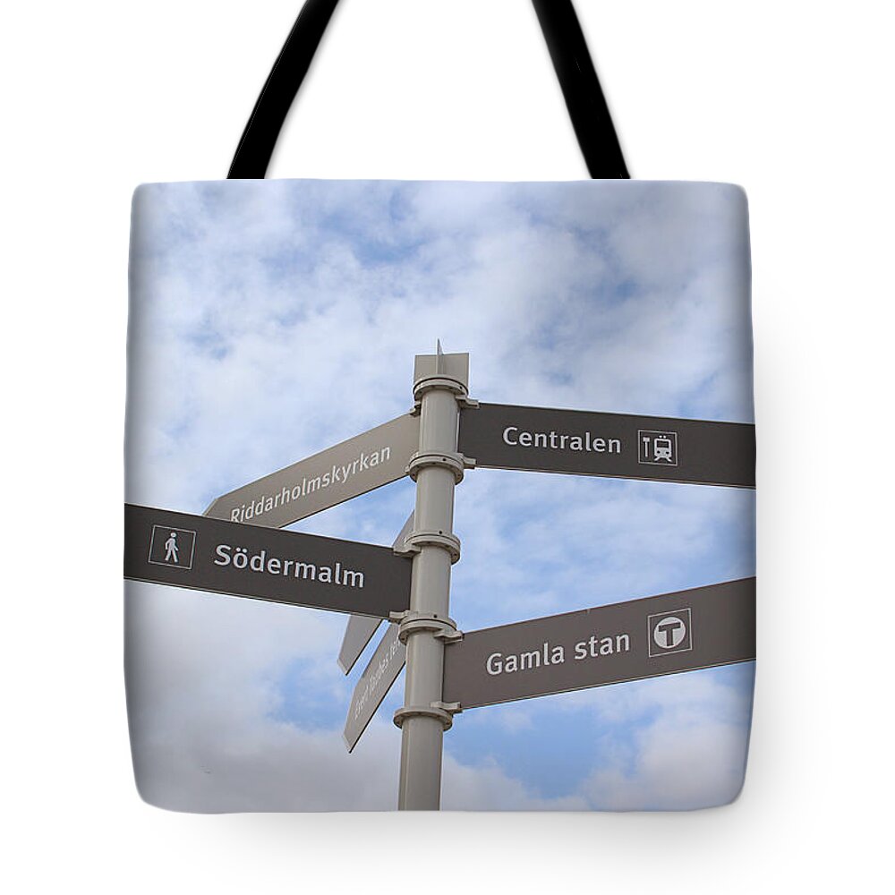 Stockholm Tote Bag featuring the photograph Stockholm Street Signs by Linda Woods