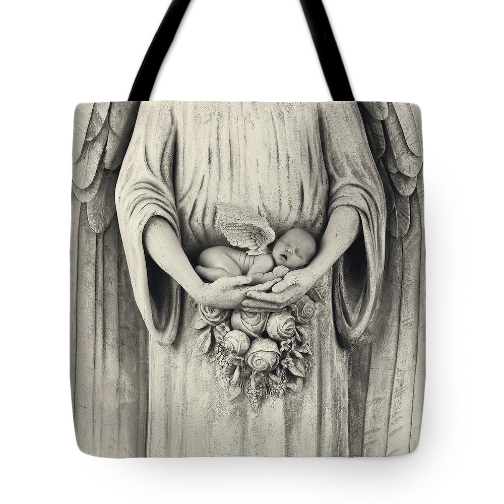 Black And White Tote Bag featuring the photograph Jonti and the Stone Angel by Anne Geddes