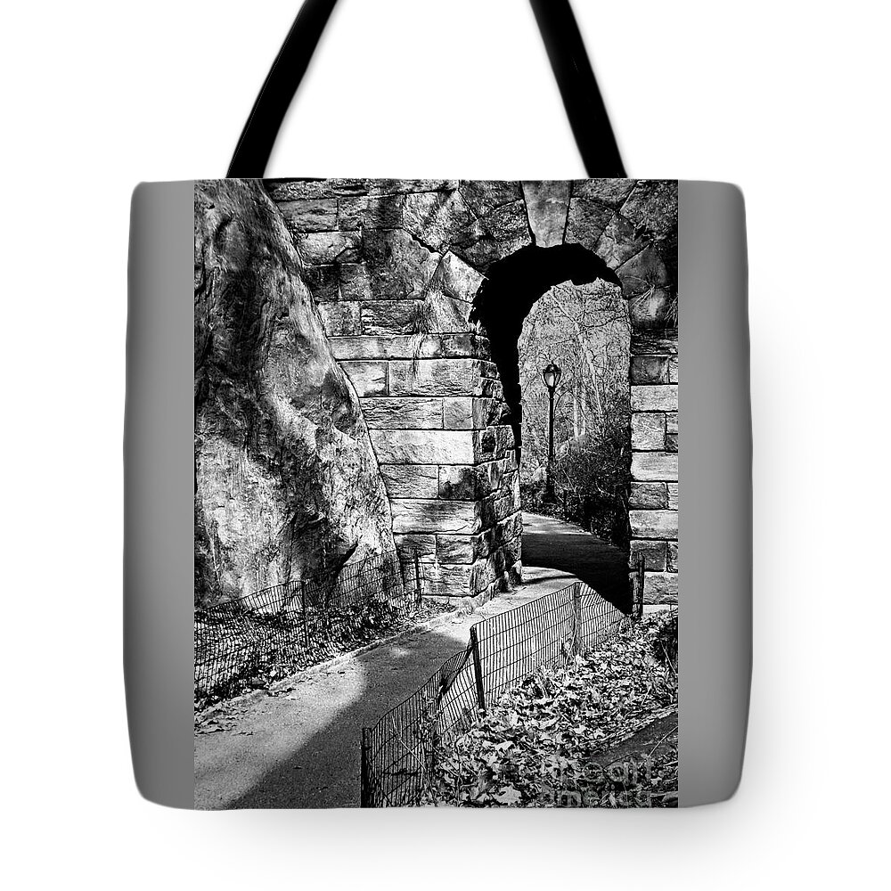 Central Park Tote Bag featuring the photograph Stone Arch in the Ramble of Central Park - BW by James Aiken