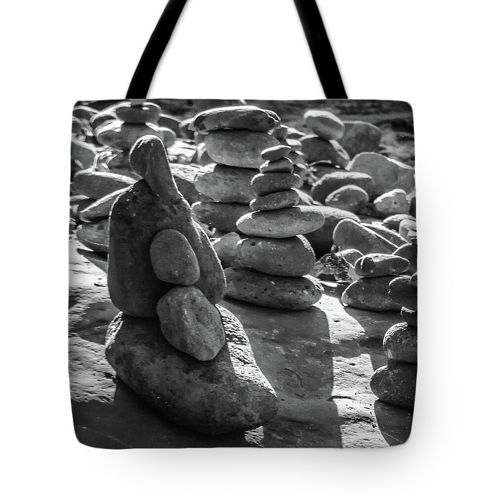 Stones Tote Bag featuring the photograph Stone Cairns 7791-101717-2cr-bw by Tam Ryan