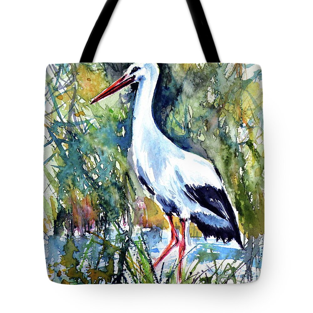 Stork Tote Bag featuring the painting Stork by Kovacs Anna Brigitta