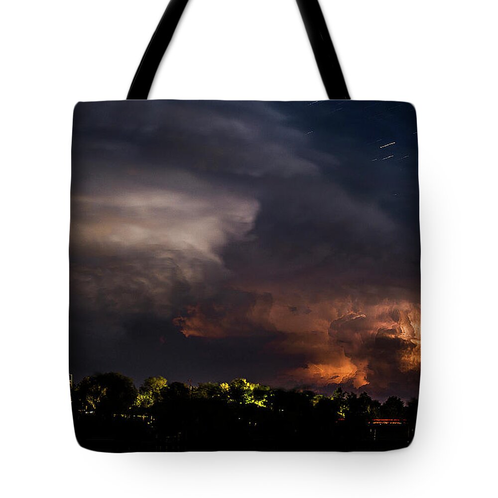 Storm Tote Bag featuring the photograph Storm and Star Trails 9 by Karen Slagle