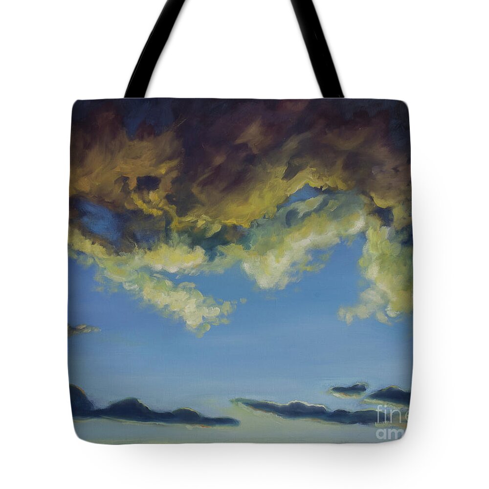 Bright Colors Tote Bag featuring the painting Storm Clouds Clearing For Peace, with Frame by Liesl Walsh