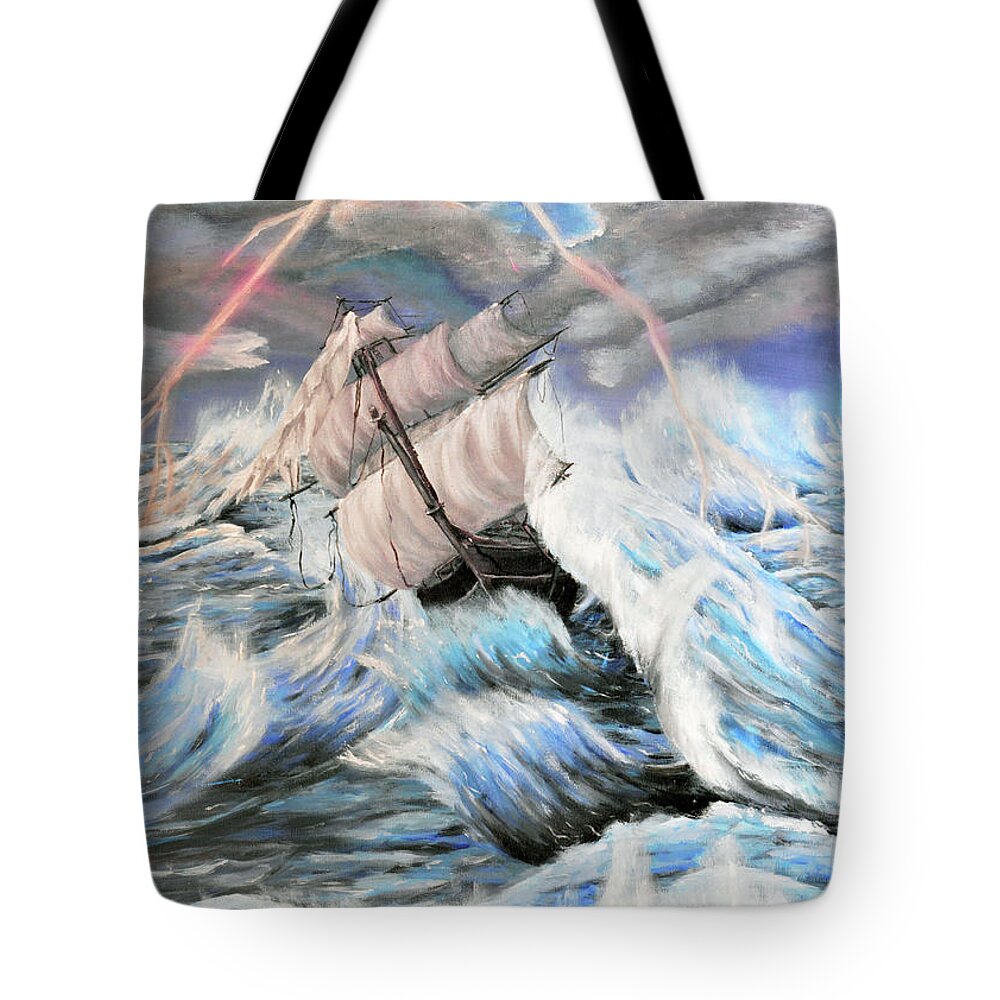 Acrylic Oil Mixed Media Art Abstract Water Drops Splash Rain Colorful Wall Decor Ship Thunder Waves Boat Thunder Storm Tote Bag featuring the painting Storm by Medea Ioseliani