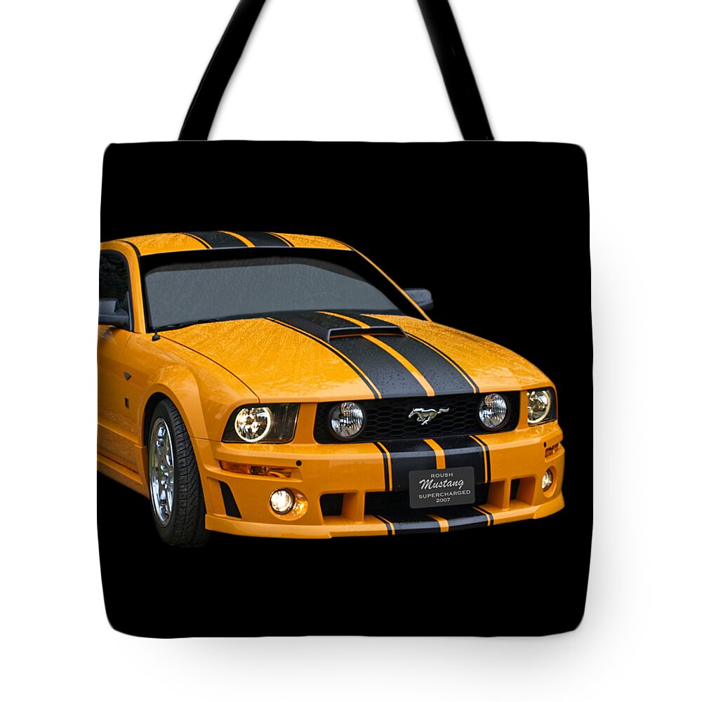 Ford Mustang Tote Bag featuring the photograph Storming Roush on Black by Gill Billington