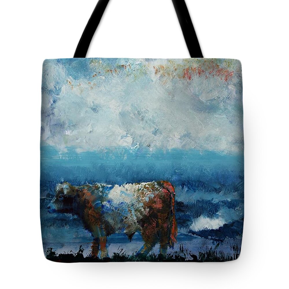 Belted Galloway Cows Tote Bag featuring the painting Storms Coming - Belted Galloway Cow Under a Colorful Cloudy Sky by Mike Jory