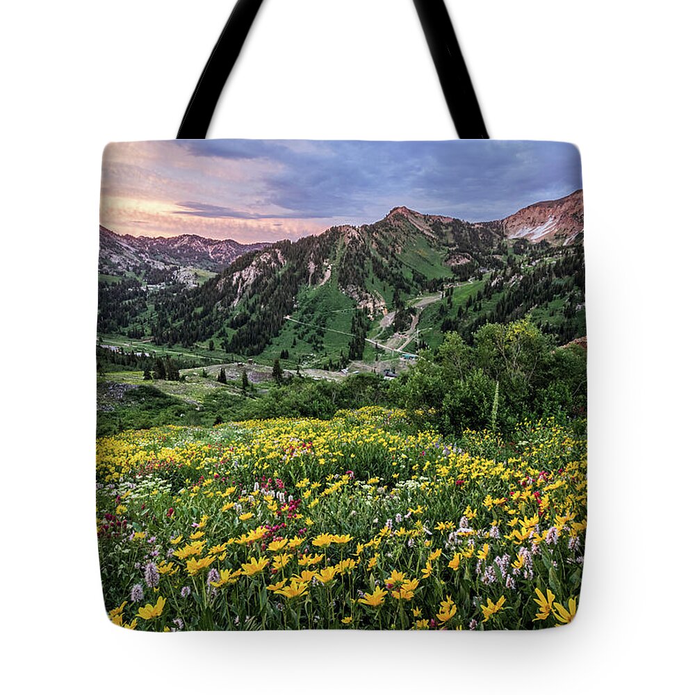 Utah; Landscape; Alta; Wasatch Mountains; Mount Baldy; Wildflower; Yellow; Green; Blue; Spring; Summer; Alpine; Meadow; Little Cottonwood Canyon Tote Bag featuring the photograph Storms Sunsets and Wildflowers by Brett Pelletier