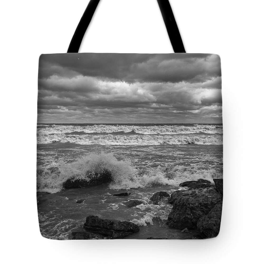 Bw Tote Bag featuring the photograph Stormy Day - Lake Eire Shore by Jack R Perry