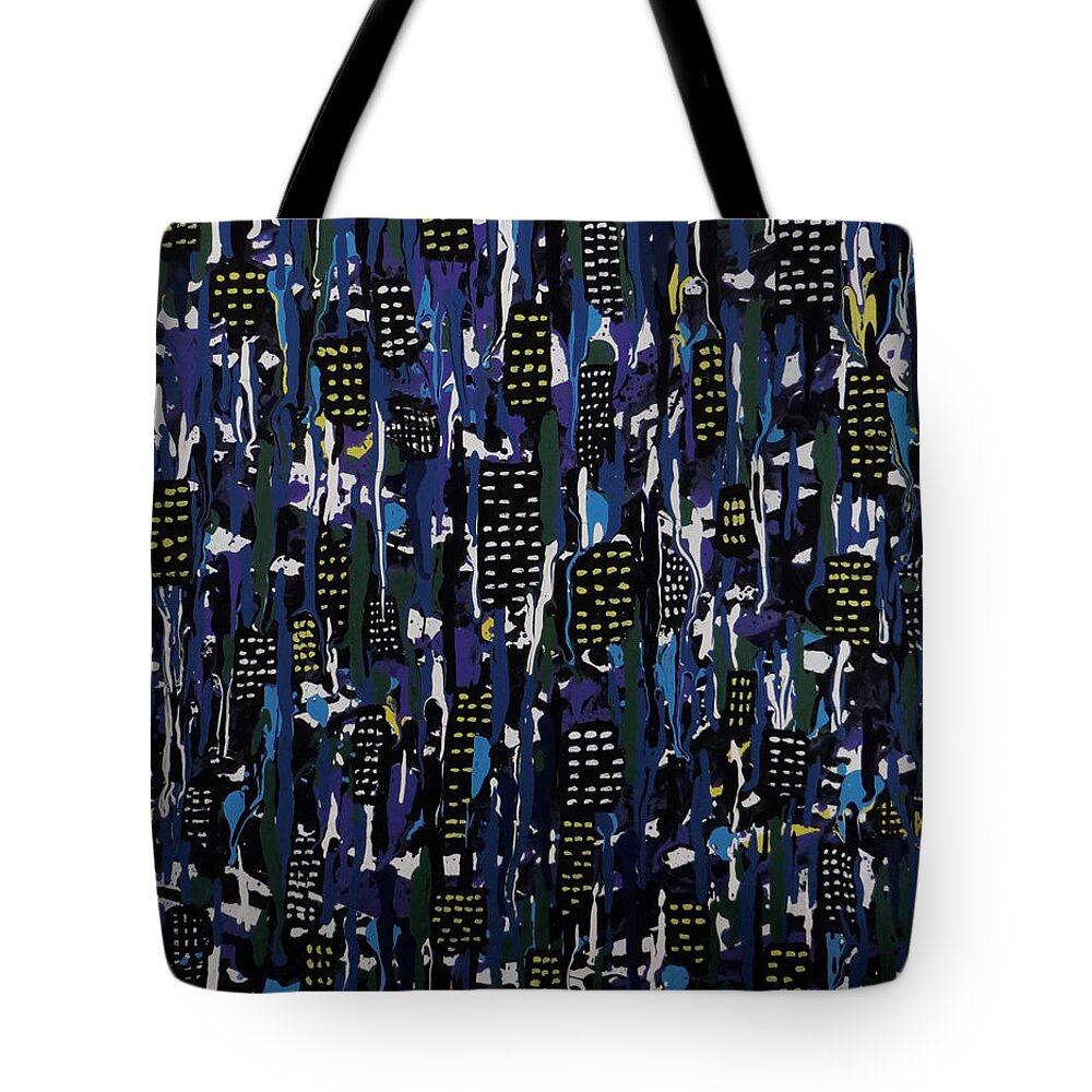 Stormy Tote Bag featuring the painting Stormy Night in the City by Teresa Wing