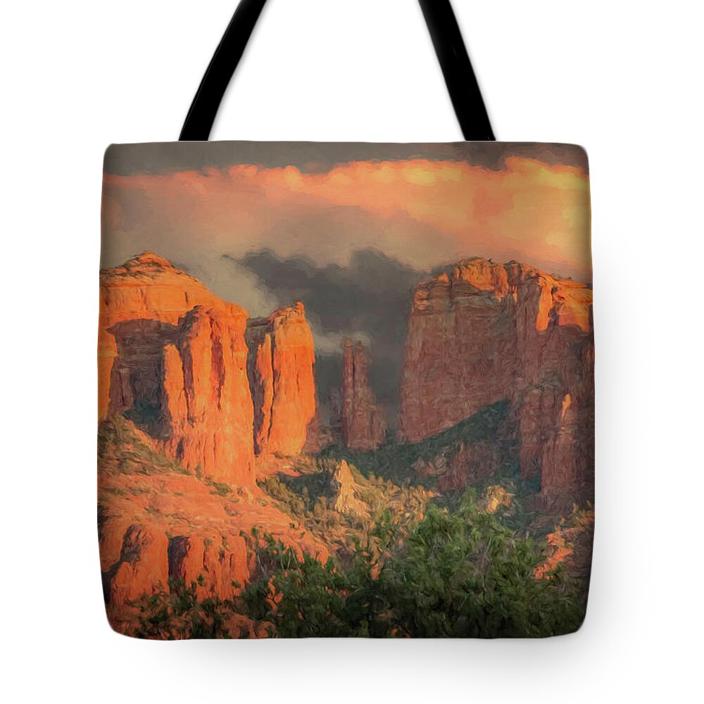 Arizona Tote Bag featuring the photograph Stormy Sedona Sunset by Teresa Wilson