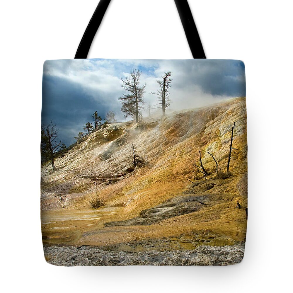 Yellowstone Tote Bag featuring the photograph Stormy Skies at Mammoth by Steve Stuller