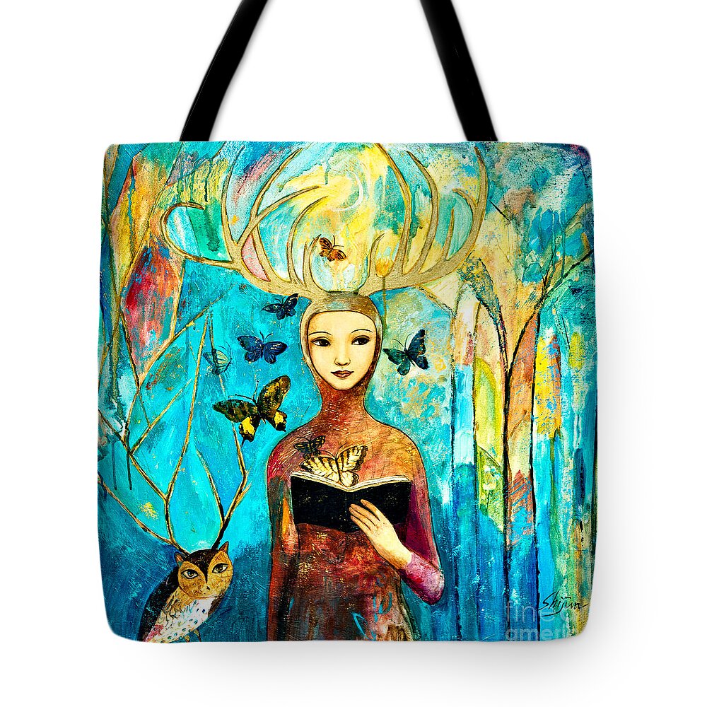 Shijun Tote Bag featuring the painting Story of Forest by Shijun Munns