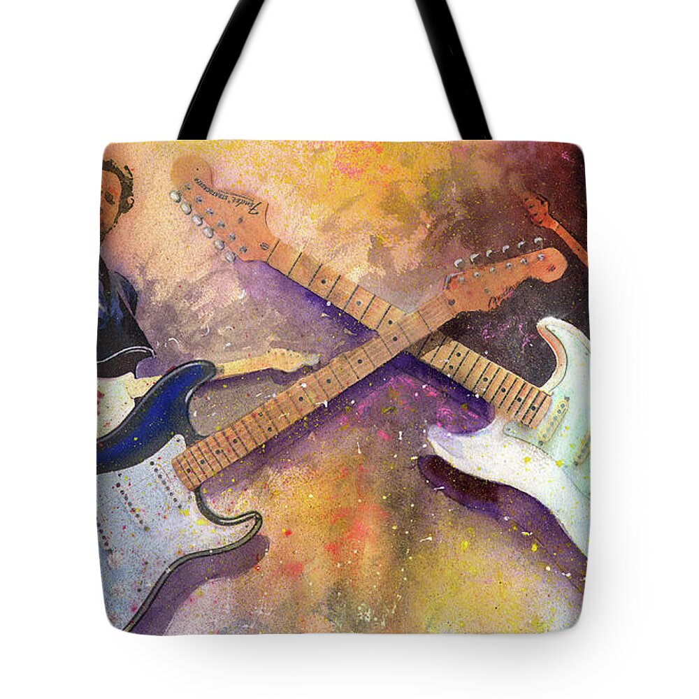 Eric Clapton Tote Bag featuring the painting Strat Brothers by Andrew King