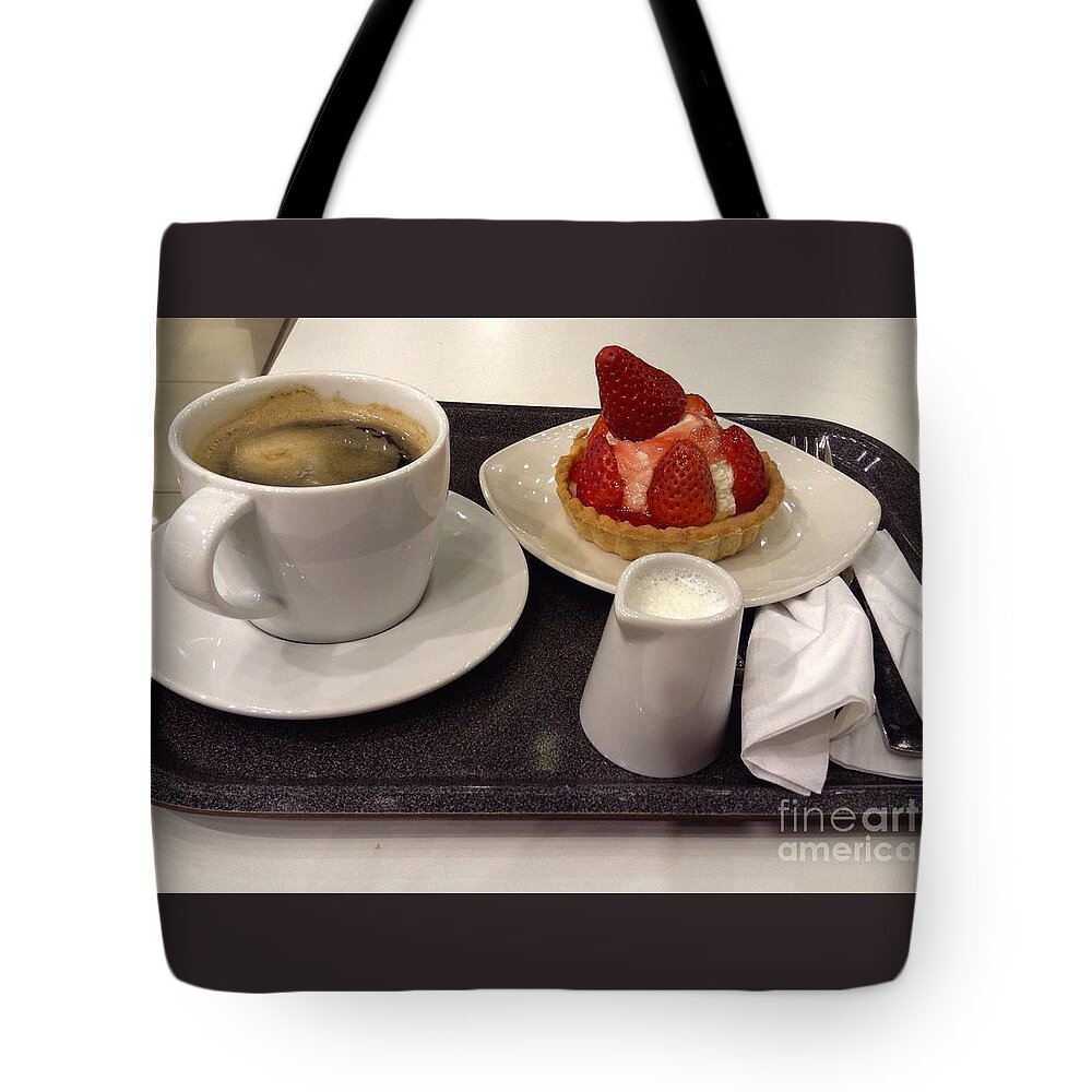 Strawberries Tote Bag featuring the photograph Strawberries Cream and Coffee by Joan-Violet Stretch