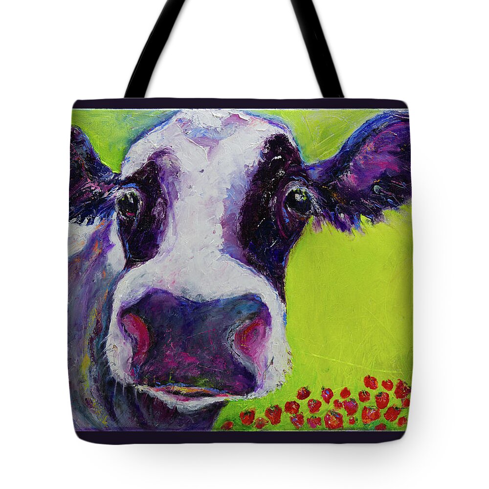 Cows Tote Bag featuring the painting Strawberry Fields by Brenda Peo
