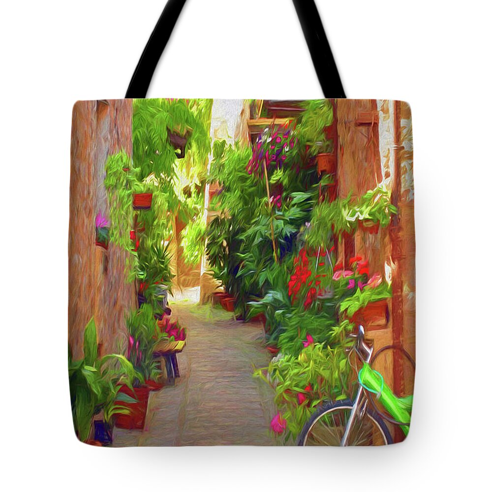 Europe Tote Bag featuring the photograph Street In Spello, Italy by Linda Dunn