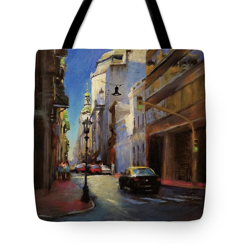 Landscape Tote Bag featuring the painting Street Scene in Buenos Aires by Peter Salwen