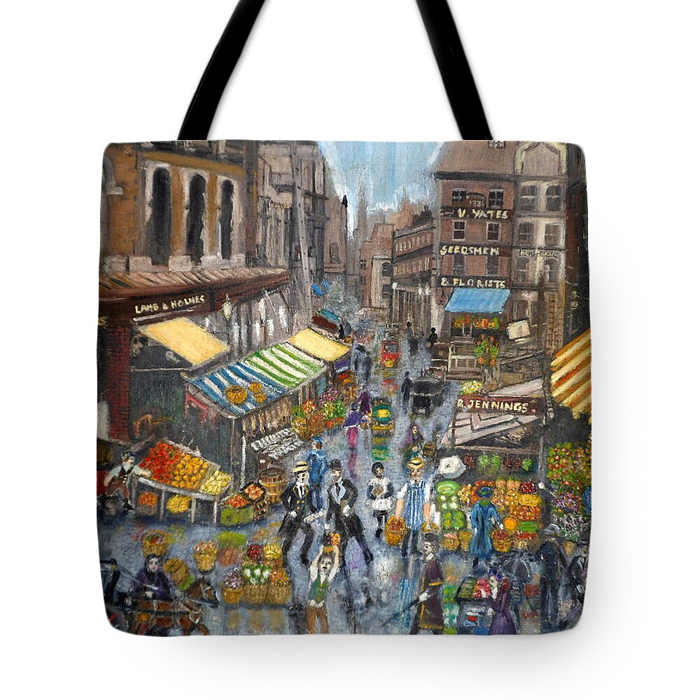 Nostalgia Tote Bag featuring the painting Street Scene Market by Peter Gartner