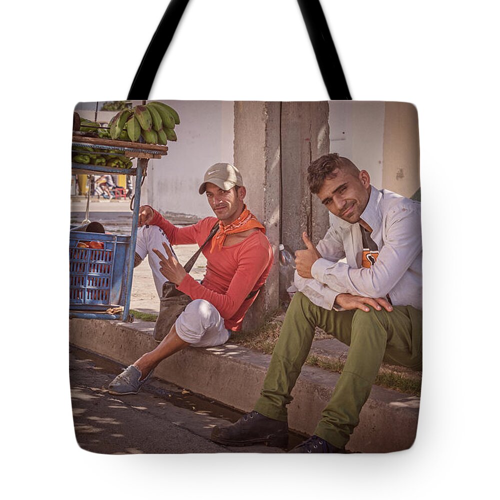 Joan Carroll Tote Bag featuring the photograph Street Vendors in Cienfuegos Cuba by Joan Carroll