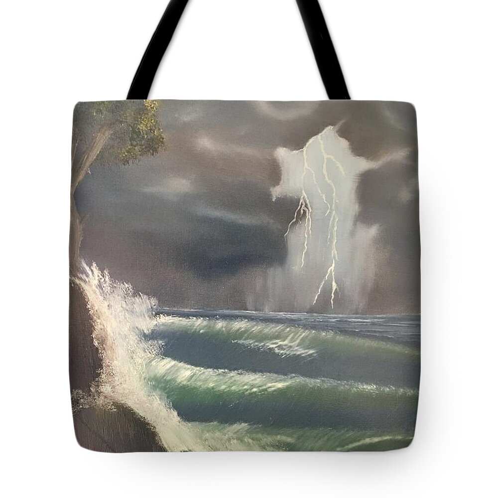 Seascape Tote Bag featuring the painting Strong Against The Storm by Thomas Janos