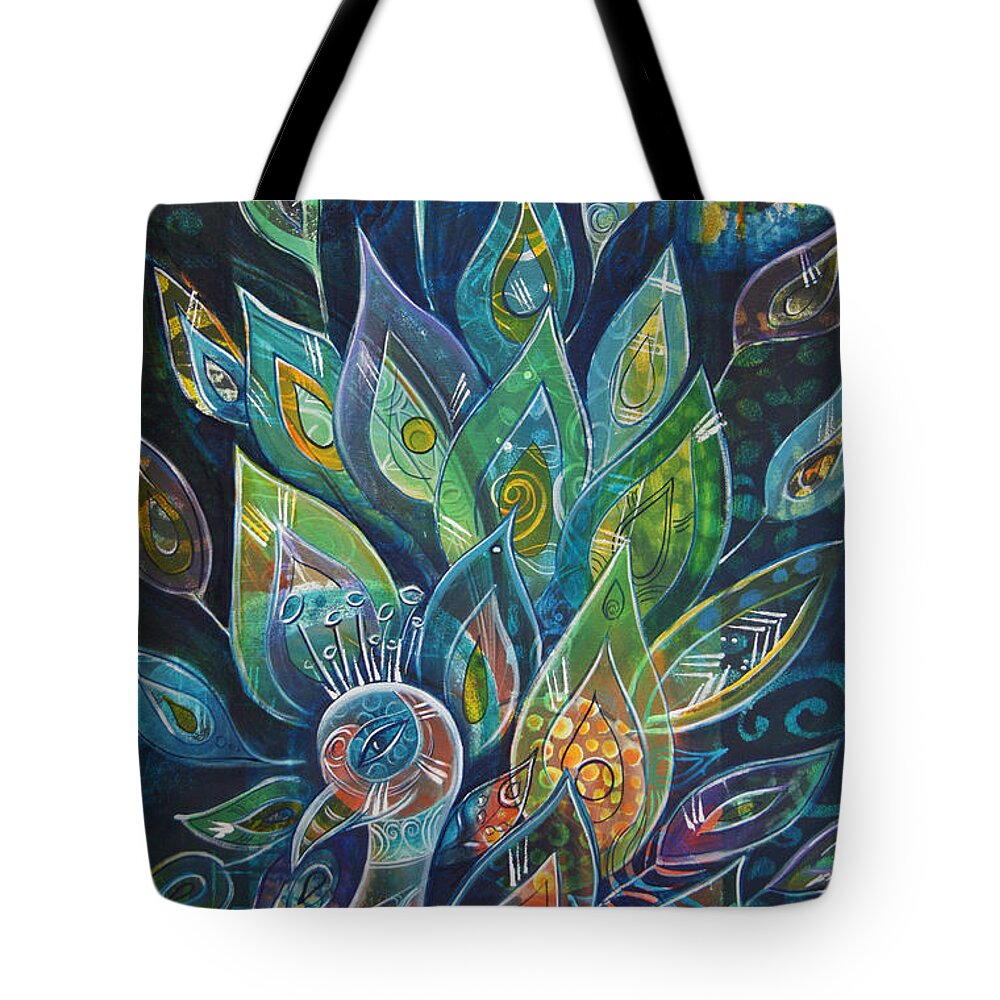 Peacock Tote Bag featuring the painting Peacock Strut by Reina Cottier