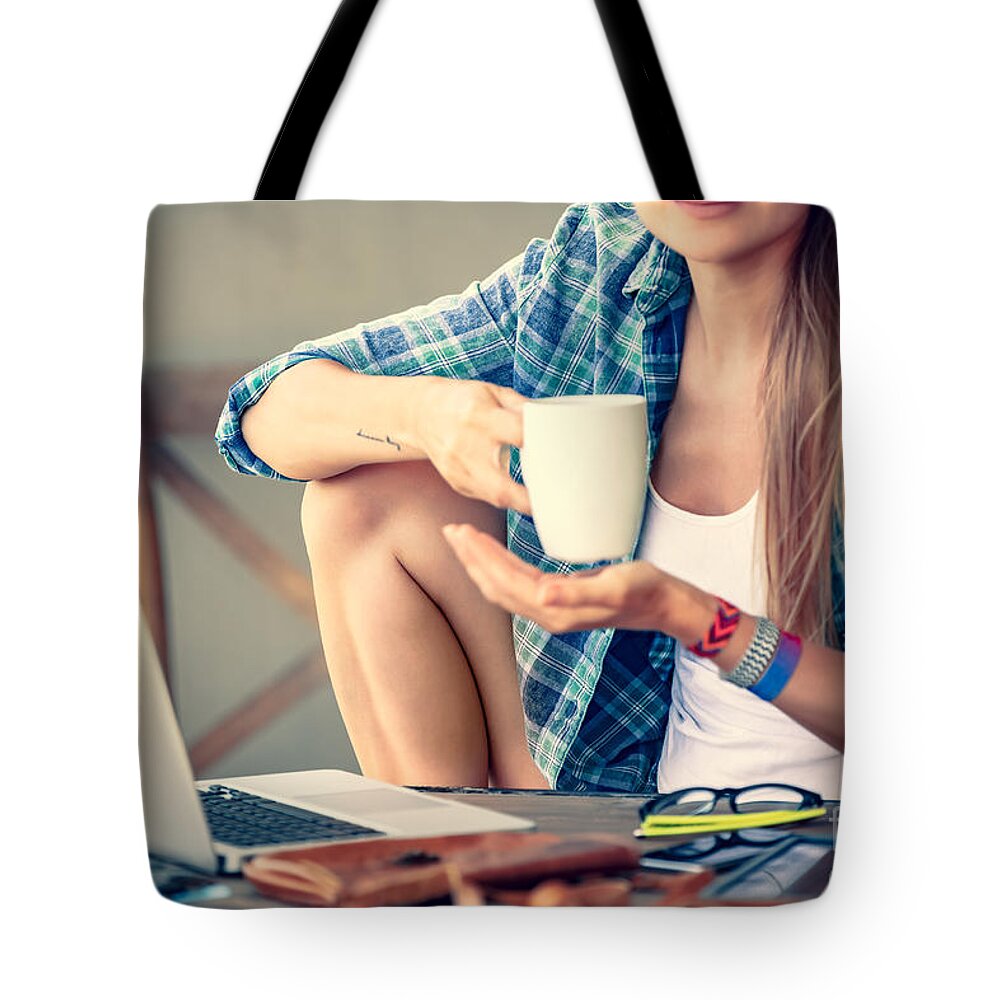 Adult Tote Bag featuring the photograph Student girl doing homework by Anna Om