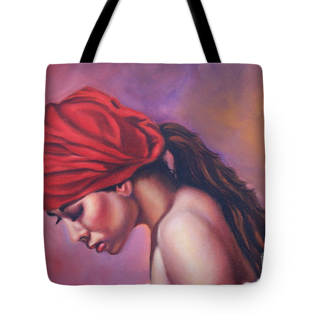 Red Turban Tote Bag featuring the painting Study in Red by Theresa Cangelosi