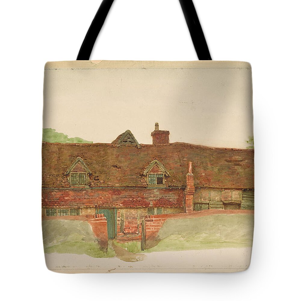 Kate Greenaway 1846-1901 Study Of A Long Cottage With Dormer Windows And Tiled Upper Wall. Beautiful House Tote Bag featuring the painting Study of a Long Cottage with Dormer Windows by MotionAge Designs