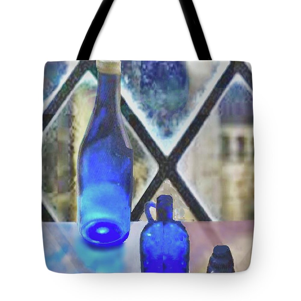 Blue Tote Bag featuring the digital art Study of Light on Cobalt Bottles by Janette Boyd