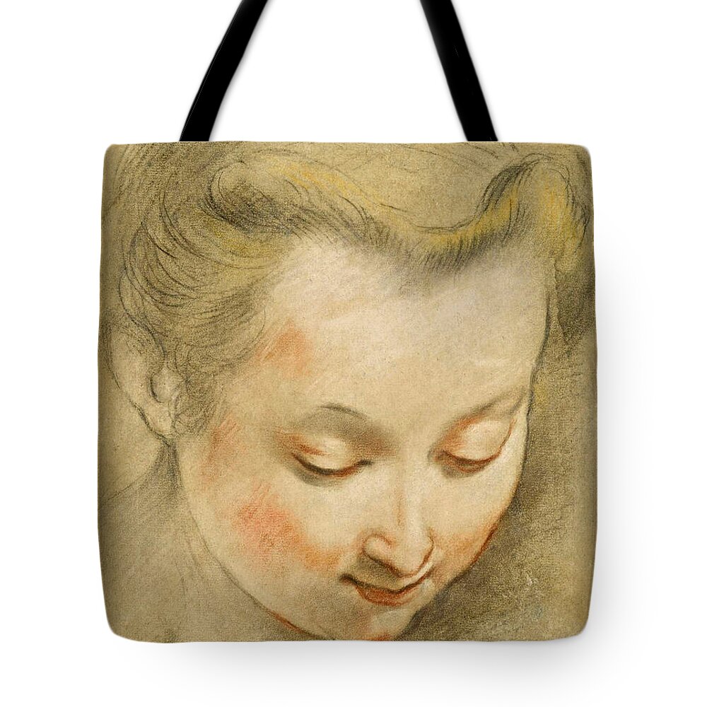 Federico Barocci Tote Bag featuring the drawing Study of the Head of a Young Woman looking down to the Right by Federico Barocci