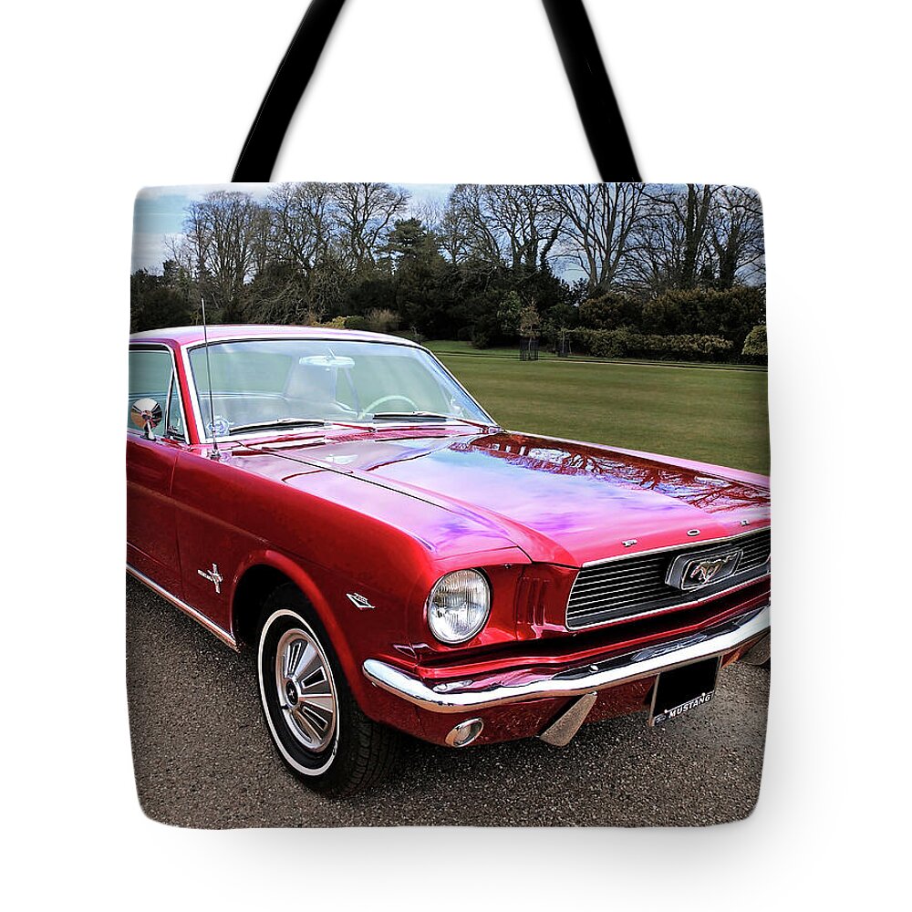 Ford Mustang Tote Bag featuring the photograph Stunning 1966 Metallic Red Mustang by Gill Billington