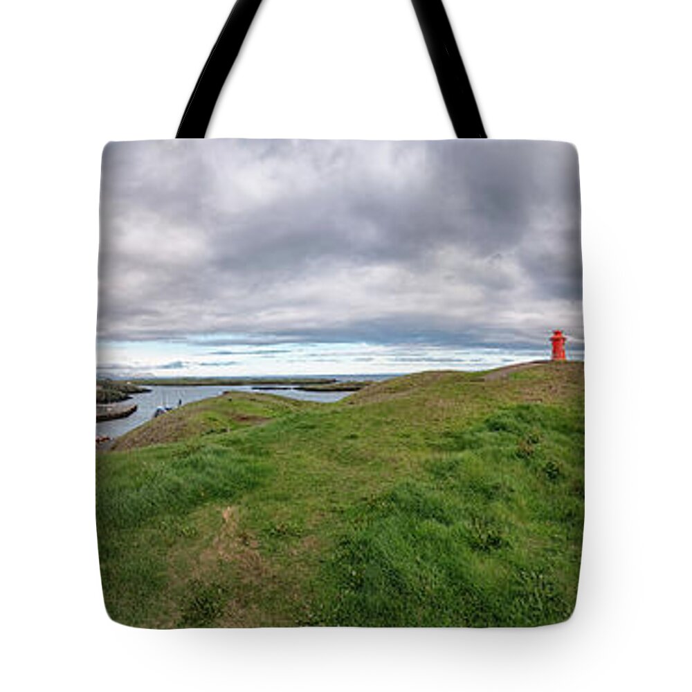 Iceland Tote Bag featuring the photograph Stykkisholmur Harbor Pano by Tom Singleton