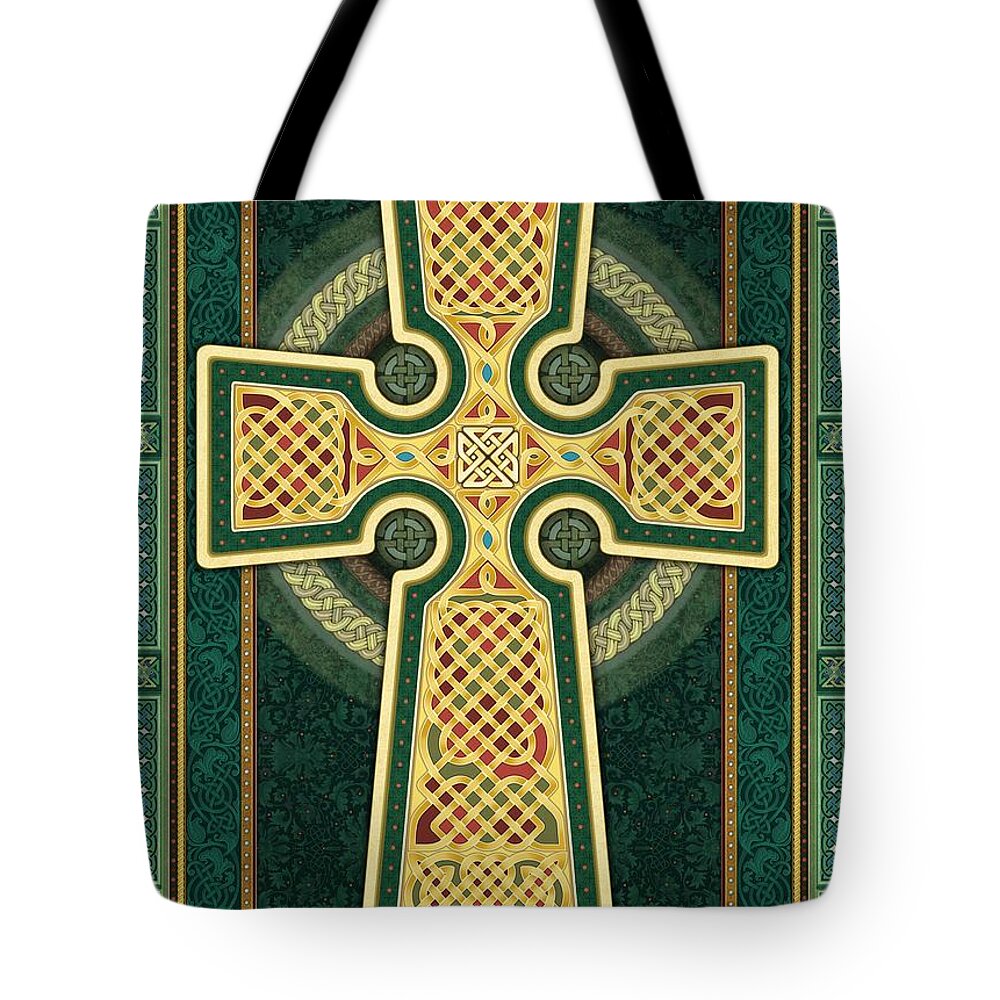 Celtic Cross Tote Bag featuring the digital art Stylized Celtic Cross in Green by Randy Wollenmann