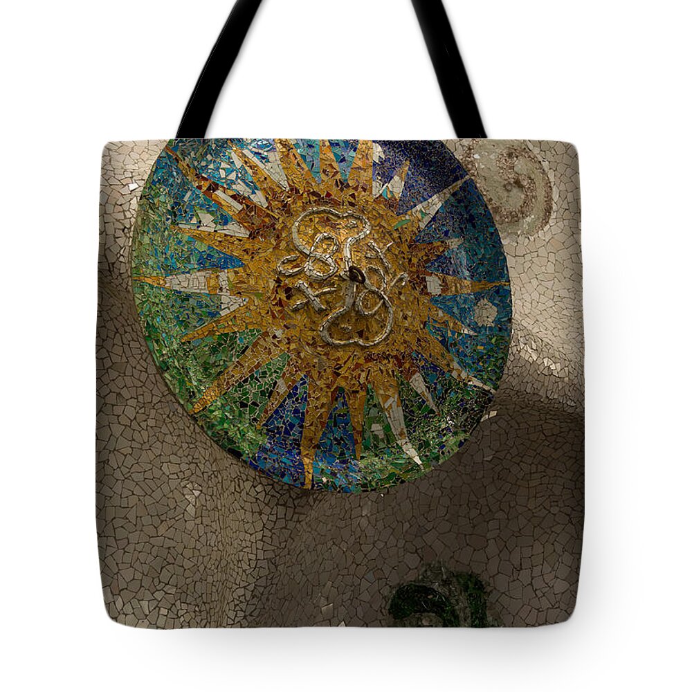 Antonio Gaudis Tote Bag featuring the photograph Stylized Sun - Antoni Gaudi Ceiling Medallion at Hypostyle Room in Park Guell - Left Vertical by Georgia Mizuleva