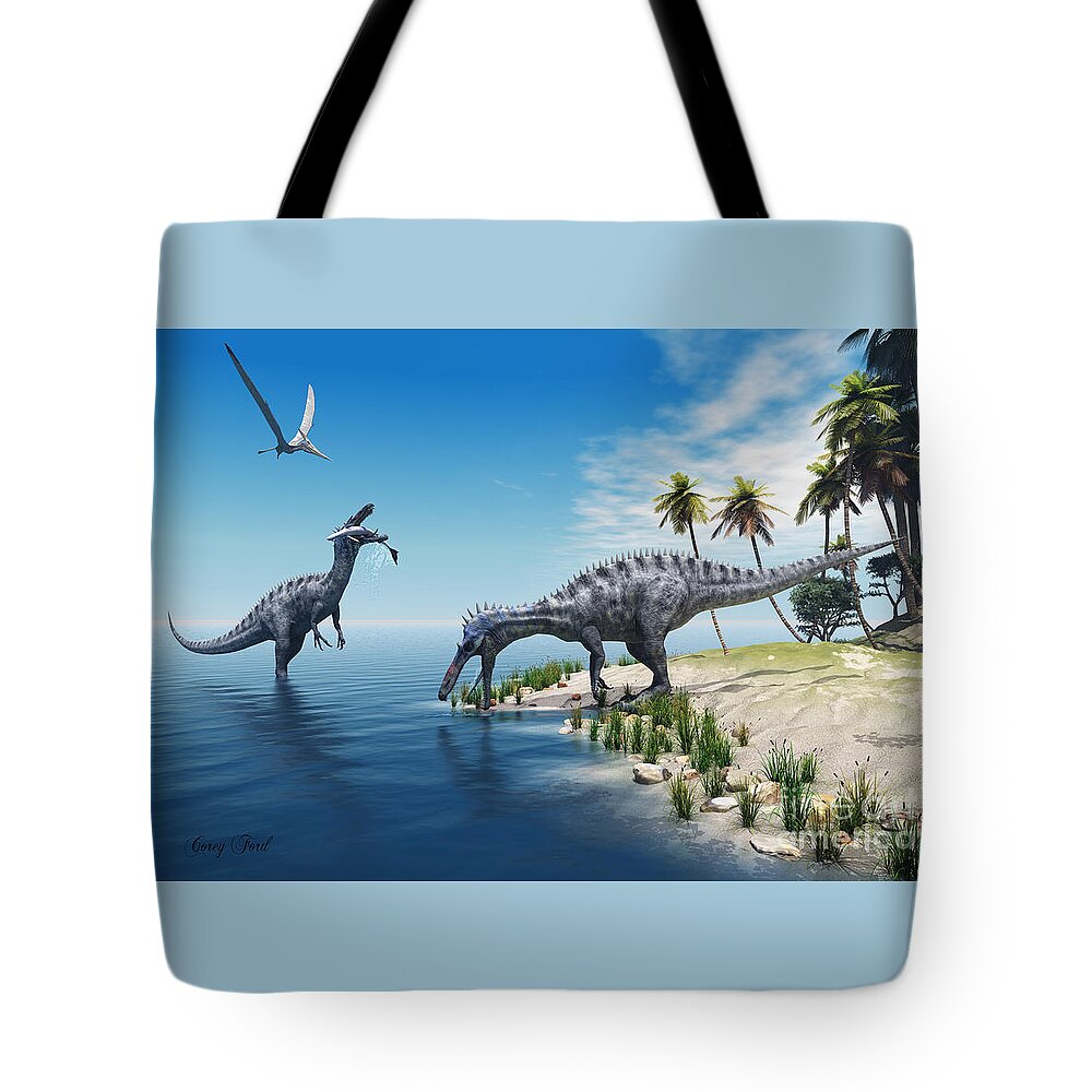 Suchomimus Tote Bag featuring the painting Suchomimus Dinosaurs by Corey Ford