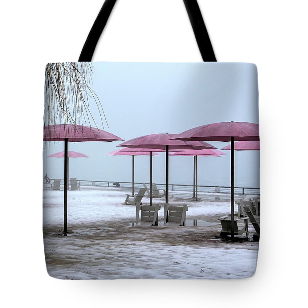 Toronto Tote Bag featuring the digital art Sugar Beach Pink Parasols by Nicky Jameson