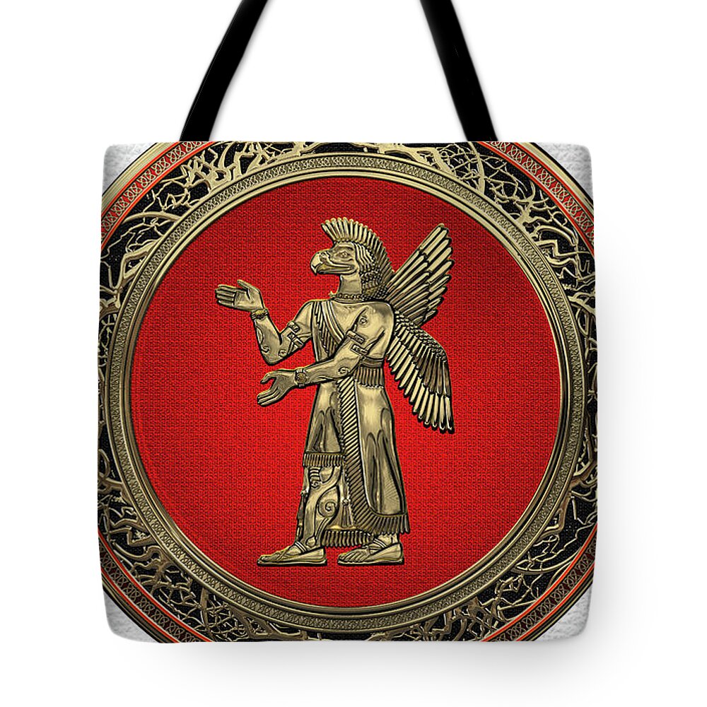 ‘treasures Of Mesopotamia’ Collection By Serge Averbukh Tote Bag featuring the digital art Sumerian Deities - Gold God Ninurta over White Leather by Serge Averbukh
