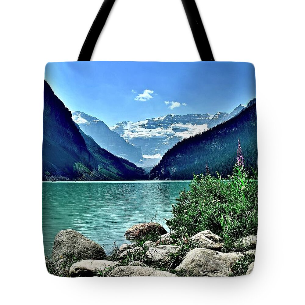 Lake Tote Bag featuring the photograph Summer at Louise by Frozen in Time Fine Art Photography